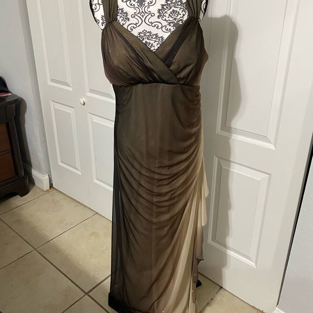 Stacy Sklar Elegant Asymmetrical Dress in Brown and Cream